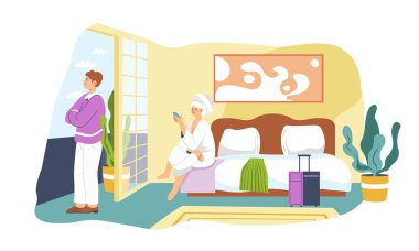 Otelde tatil yapan turistler, duştan sonra yatakta oturan kadınlar. Tatilde dinlenen ve oda servisini bekleyen kadın ve erkek şahsiyetler. Rahatlama ve dinlenme. Düz biçimli vektör