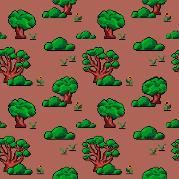 Пикселированный Лес Деревьями Цветами Кустарниками Флора Фауна Природы Дизайн Локация — стоковый вектор