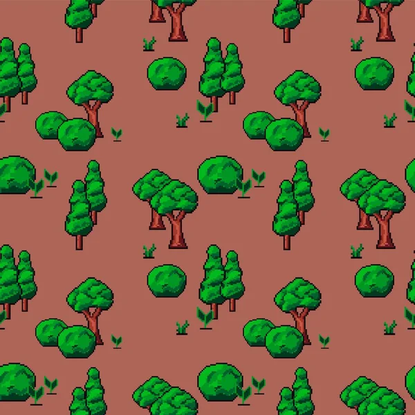Pixelated Δάσος Δάση Γρασίδι Και Θάμνους Ρύθμιση Τοποθεσίας Παιχνιδιού Bit — Διανυσματικό Αρχείο