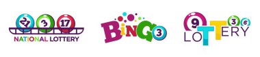 Lotto ve bingo, ulusal loto biletleri ve çaprazlama numaraları. Kumar aktiviteleri ve oyun eğlenceleri için izole ikonlar. Logot ya da amblem, logo ya da promosyon afişi. Düz vektör