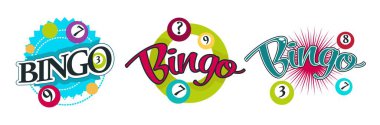 Bingo ve loto, şans ve kazanmak, kumar ve parayla oyun oynamak. Şans, başarı, sayılar ve rastgele rakamlar deniyorum. Logot ya da amblem, logo ya da promosyon afişi. Düz biçimli vektör