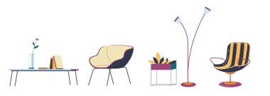 Sandalyeler ve masalar, iç dizayn, dekorasyon nesneleri ve mobilyalar. Vazo ve çiçekli masa, yumuşak bacaklı koltuk, ampullü lamba. Ev için minimalist süslemeler. Düz biçimli vektör
