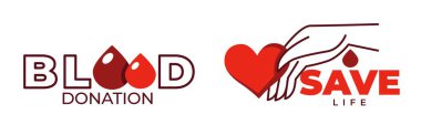 Kan bağışlayarak, insan eliyle izole edilmiş ikonlar ve bir damla sıvı vererek hayat kurtarın. Tıbbi sorunları olan insanlara yardım etmek. Logot ya da amblem, logo ya da promosyon afişi. Düz biçimli vektör