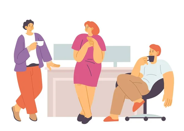 Muži Ženy Kanceláři Pijí Přestávce Kávu Mluví Lidé Pracovišti Pomocí — Stockový vektor