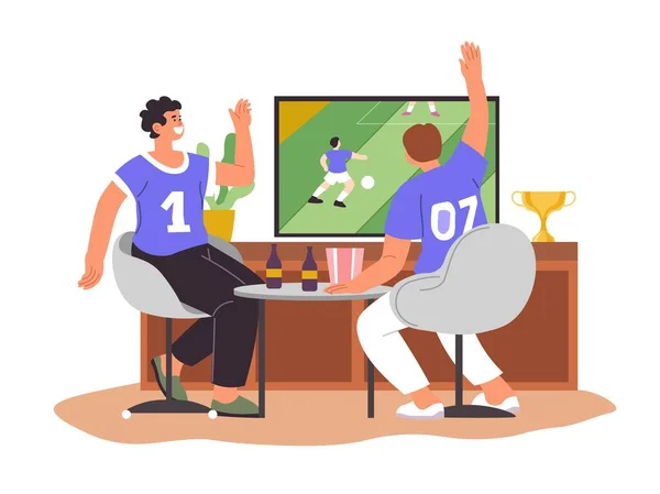 Sportovní Fanoušci Sledující Fotbal Podporující Oblíbený Tým Skauting Smích Lidé — Stockový vektor
