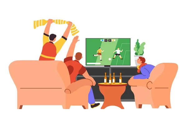 Sport Fans Tittar Fotbollsmatch Njuter Favorit Lag Som Håller Halsdukar — Stock vektor