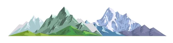Горы Имеют Вершины Вершины Покрытые Снегом Изолированная Естественная Возвышенность Лесами — стоковый вектор