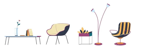 椅子やテーブル インテリアデザインや装飾品や家具 花瓶や花のテーブル 柔らかい足のアームチェア 電球でランプ 家のための最小限の装飾 平型ベクトル — ストックベクタ