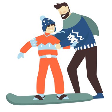 Aile tatilleri ve kışın tatil aktiviteleri. Babası küçük oğluna snowboard öğretiyor. Baba ya da eğitmen, çocuğun temel sporları öğrenmesine yardım ediyor. Soğuk sezon vektöründe dinlenme ve dinlenme