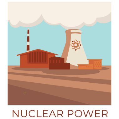 Nükleer santralde enerji üretmek, vatandaşların ihtiyaçları için elektrik toplamak ve üretmek. Yüksek voltaj ve küresel ısınma için sebep. Kimyasal buharla kirlenme, düz vektör.