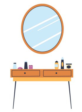 Yatak odası iç tasarımı, makyaj malzemeleri ve çekmeceleri olan izole bir masa. Yuvarlak ayna, zarif bir daire ve lüks bir ev. Konutun geliştirilmesi, düz biçim illüstrasyonunda vektör