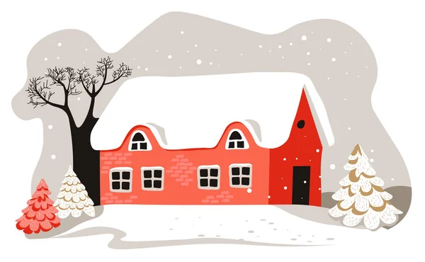 Зимний Пейзаж Сельской Местности Деревни Дом Крышей Покрытой Снегом Снежная — стоковый вектор