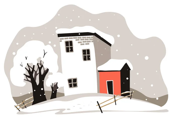 집들과 나무들이 눈으로 뒤덮여 겨울이 마을의 환경이 뒤덮여 있습니다 울타리와 — 스톡 벡터