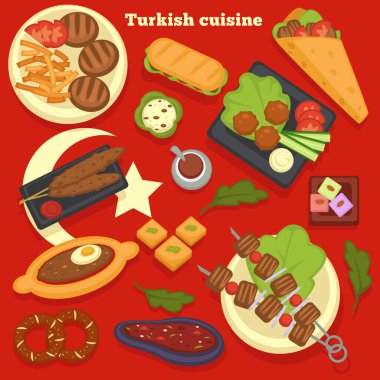 Seyahat eden Türk mutfağı yemekleri ve yemek tarifleri vektörü hindi mutfağı shaşlik veya bbq biftekleri ve patates kızartması donörü veya kebap sandviçi ve salata fırını ürünleri ve et köfteleri