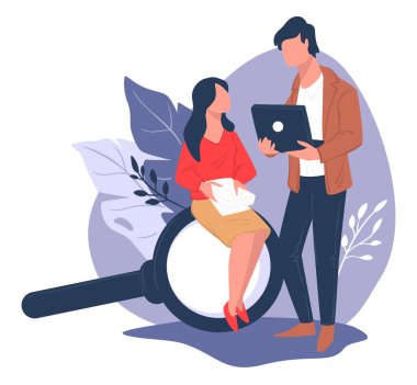 İş geliştirmeyi düşünen çalışanlar, iş yerinde araştırma yapan kadın ve erkek. Proje için inceleme ve çözüm bulma. Dizüstü bilgisayarları ve büyüteçleri olan insanlar, düz şekilde taşıyıcı