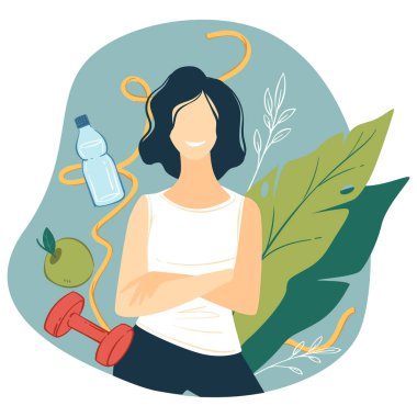 Mutlu kadın karakter sağlıklı bir yaşam sürüyor, içme suyu içiyor, meyve yiyor ve diyet yapıyor. Organizma sağlığını iyileştirmek için kadın eğitimi ve egzersiz. Düz olarak beslenme ve denge vektörü