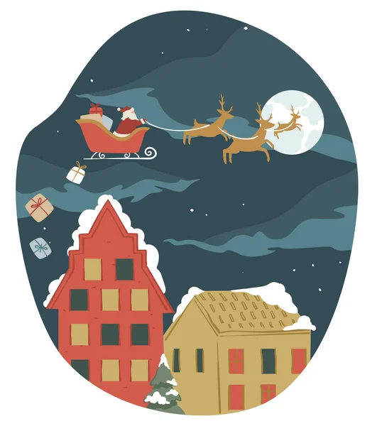 圣诞快乐 新年快乐 寒假快乐 圣诞老人在雪橇上骑着驯鹿 给市民们送礼 夜晚的雪城景观 平坦的病媒 — 图库矢量图片