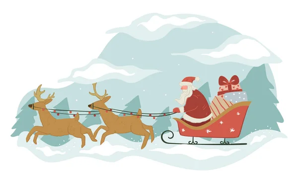 Santa Claus Con Regalos Cabalgando Trineo Con Renos Abuelo Helada — Vector de stock