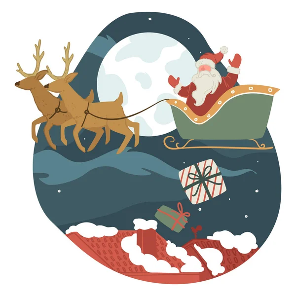 圣诞和新年的庆祝活动 圣诞佳节为人们送礼 祖父霜冻坐在雪橇上 还带着驯鹿 晚上还扔礼物 扁平法向量 — 图库矢量图片