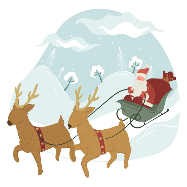 圣诞节和新年的庆祝活动 圣诞老人骑雪橇与驯鹿 雪橇上有外公霜冻的鹿儿 圣诞节假期和庆祝传统的冬季活动 矢量呈扁平型 — 图库矢量图片