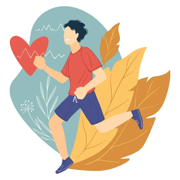 Leading healthy lifestyle, training and running for cardiac health improvement. Male character working out in morning, wellness and activities outdoors. Sporty personage vector in flat style