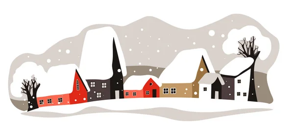 Морозная Снежная Погода Городе Деревне Улицы Дома Деревья Покрыты Снегом — стоковый вектор