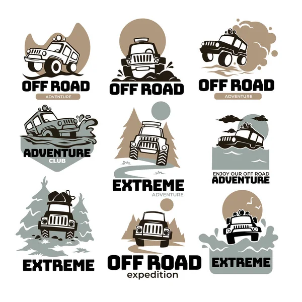 Extreme Adventures Expedition Road Traveling Massive Cars Labels Emblems Automobiles — Stock Vector