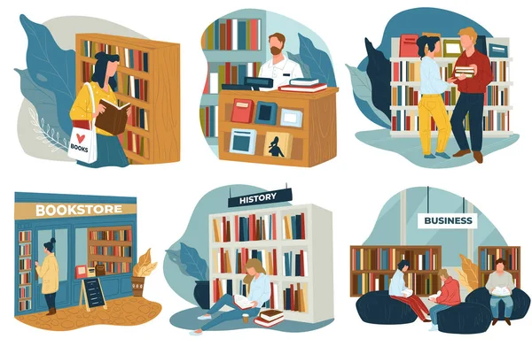Bücherwürmer Besuchen Öffentliche Bibliotheken Oder Buchläden Und Kaufen Bücher Zum — Stockvektor