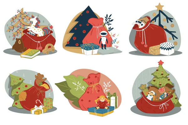 Gifts Xmas Winter Holidays Presents Red Sack Santa Claus New — Stock Vector