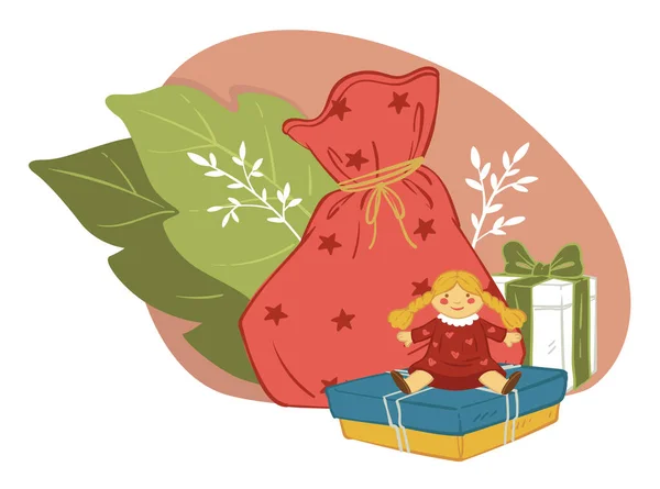 Celebrating Xmas New Year Winter Holidays Giving Presents Bag Gifts — Stock Vector