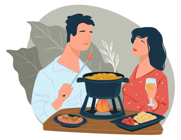 ボーイフレンドやガールフレンドの料理やレストランで中国の鍋を食べる 男と女が話しておいしい食事を食べています ワインを飲む女性や夫とシャンパン 平型ベクトル — ストックベクタ