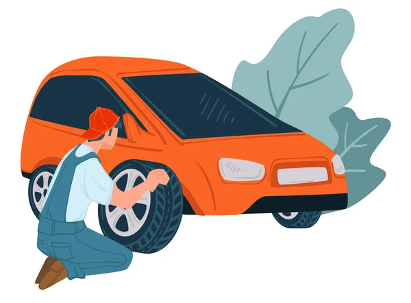 机械师服务或商店帮助更换旧的汽车轮胎 照顾车辆以代替轮胎的专业工人 专业检查均匀压力 装饰叶面 扁平法向量 — 图库矢量图片