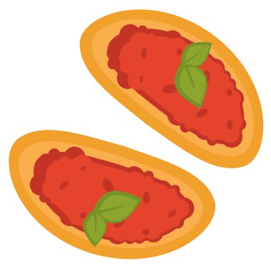 İtalyan mutfağı ve basit atıştırmalıklar. Havyar ve fesleğenli tost ekmeği ikonu. Naneli çöreğin üzerine domates sosu. Restoran veya bar menüsü, ev yemeği tarifleri. Düz biçimli vektör