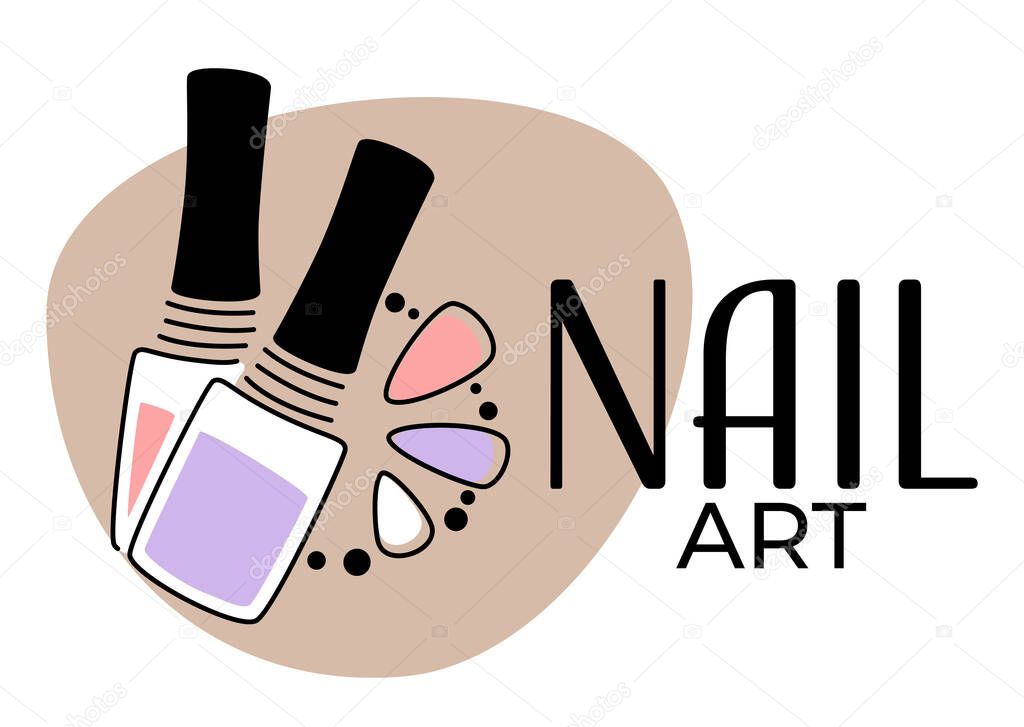 Beauty salon with manicurists and care for fingernails. Isolated banner with polish bottles and samples of art for women. Manicure and pedicure, professional service and decor. Vector in flat