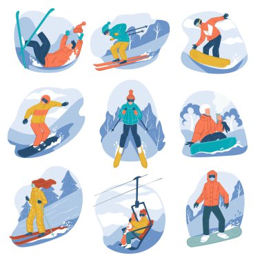 Kayak ve snowboard yapan insanlar, aktif yaşam tarzları ve aşırı kış sporları. Tepeden aşağıya kayan karakterler. Kış tatilinde snowboardcular ve kayakçılar. Düz biçimli vektör