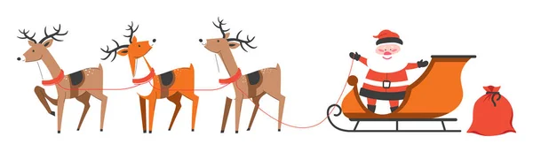 爷爷弗罗斯特在圣诞节和新年送给听话的孩子们礼物 圣诞老人和驯鹿坐在雪橇上 圣诞节带着一袋袋礼物做决定和睡觉 矢量呈扁平型 — 图库矢量图片