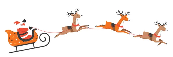 圣诞节和新年寒假的庆祝和庆祝活动 圣爪骑雪橇与驯鹿 飞雪带着跳跃的鹿 圣诞盛事与欢乐 矢量呈扁平型 — 图库矢量图片