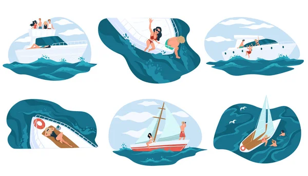 Menschen Die Sich Sommerurlaub Oder Urlaub Auf Yachtbooten Entspannen Charakter — Stockvektor