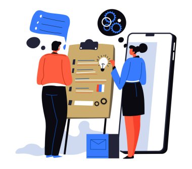 İş adamları proje üzerinde birlikte çalışıyor, kadın ve erkek başarı için fikir paylaşıyor. Örgüt ya da kurumsal iletişim. Meslektaşlar dosya ve akıllı telefon kullanır. Düz biçimli vektör