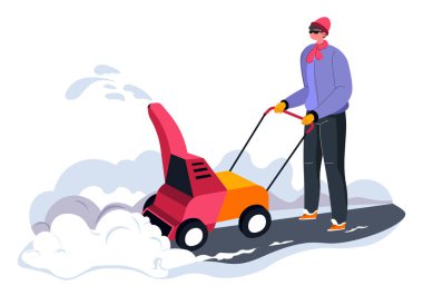 Kar temizleme makinesi ya da özel bir makine kullanarak sokaklardan ve yollardan kar yığınlarını temizleyen bir erkek karakter. Kaldırımları temizlemek için gerekli aletlere sahip kişi. Kış mevsimi için ekipman. Düz biçimli vektör