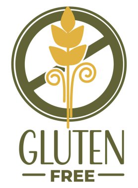 Diyet ve beslenme, sağlıklı beslenme ve yemekteki yasak malzemeler. Glütensiz etiket ya da amblemde buğday dikenli levha var. Ürünlere, rozete veya logoya tahammülsüzlük. Düz biçimli vektör