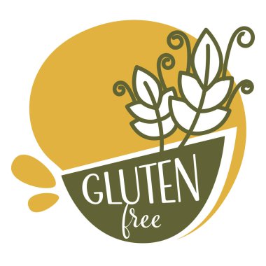 Glütensiz, etiketsiz ve buğday dikenli amblemsiz ürünler. Tahıl gevreği için kaligrafik yazıyla izole edilmiş bir rozet. Sağlıklı beslenme, beslenme ve yaşam tarzı. Düz biçimli vektör