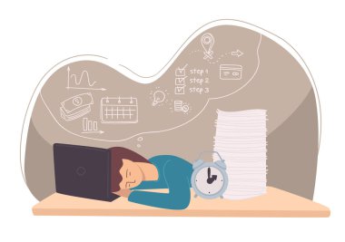 Bilgisayar başında uyuyan öğrenci, yorgun çalışan ya da serbest çalışan. Yazı tahtaları ve saati olan işkolik ya da yönetici. Son teslim tarihi ve zaman yönetimi sorunları, yorgunluk. Düz biçimli vektör