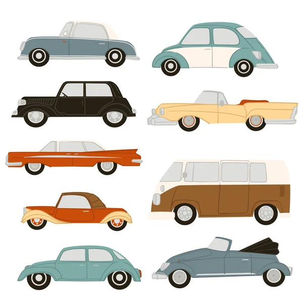 Vintage Retro Autók Elszigetelt Autók Különböző Modellek Évek Emberek Szállítására — Stock Vector