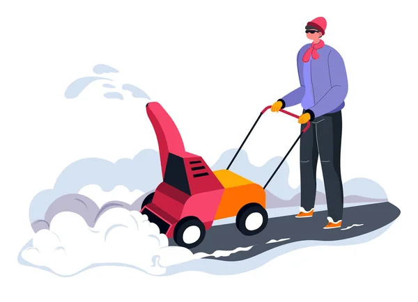 Personagem Masculino Usando Snowblower Máquina Especial Para Remover Massas Neve —  Vetores de Stock