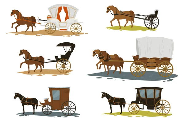 Transportation Times Isolated Horses Pulling Carriages Passengers Romantic Old City — Stock Vector