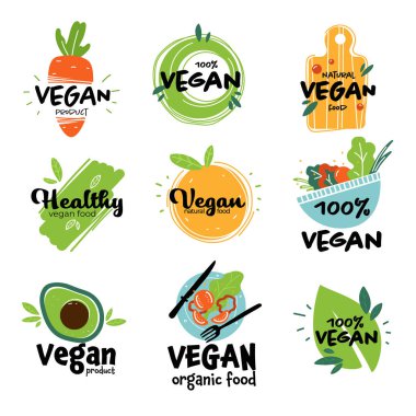 Sağlıklı yiyecekler, diyet ve beslenme. Vejetaryen ve vejetaryen menüsü, içinde meyve ve sebze olan yemekler. Avokado, havuç ve portakallı organik yemekler. Süper yiyecek ve detoks. Düz biçimli vektör