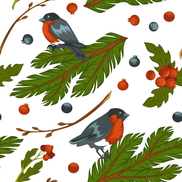 Birdie Sitting Evergreen Spruce Twig Seamless Pattern Bullfinch Berries Pine — Stock Vector