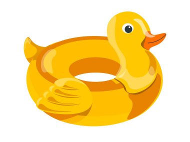 Kuş, kanat ve kuyruk yüzlü ördek can simidi. Şamandıra kuş şeklinde. Suda güvenlik ve yaz tatilinde dinlenme ve havuzda dinlenme. Şişirilebilir balon izole edilmiş simge, düz biçimli vektör