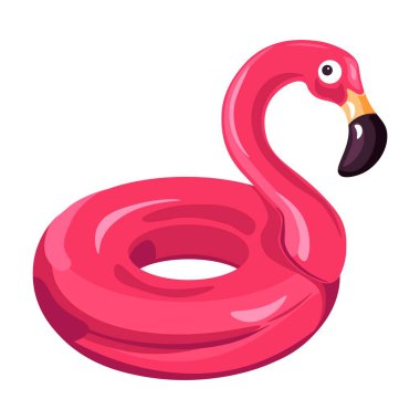 Pembe flamingo cankurtaran, tropikal kuş şeklinde izole şamandıra. Uzun boynu ve gagası olan egzotik bir yaratık. Yüzme havuzu ya da deniz kenarında iyi dinlenin. Şişirilebilir balon izole edilmiş simge, düz biçimli vektör